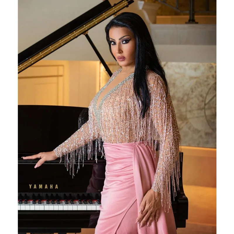 2022 New arrival fashion sexy V-neck tassel slim fit elegant split gown long sleeved temperament casual ladies evening dress