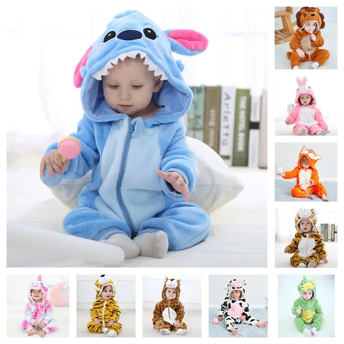 

Baby Cartoon Romper Newborn Hooded Infant Clothing Boys Girls Pajamas Animal Onesie Jumpsuit Stitch Costume Flannel Baby Rompers