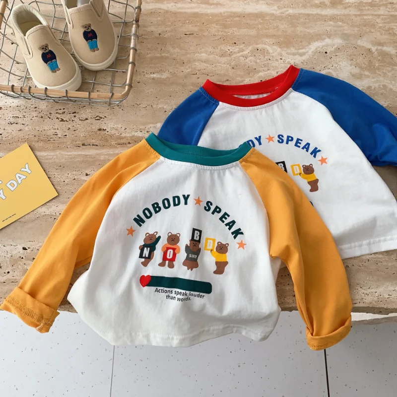 

Весенние детские футболки 2023, футболки контрастных цветов с длинными рукавами для мальчиков и девочек, хлопковые топы с мультяшными буквам...