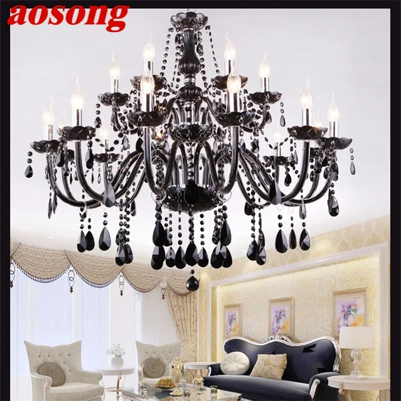 

AOSONG European Style Chandelier Lamp LED Pendant Candle Crystal Black Luxury Light Fixtures Indoor for Home Hotel Hall
