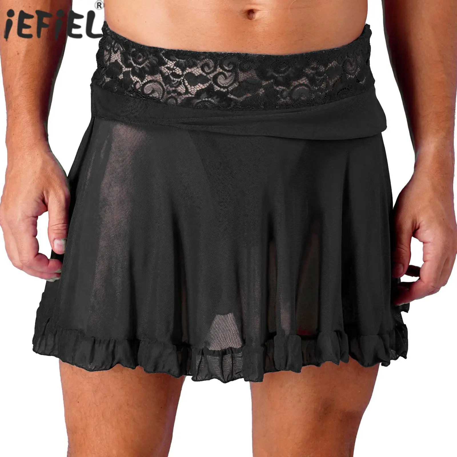 

Мужская прозрачная сетчатая юбка с кружевом и цветочным принтом, Пляжная однотонная мини-юбка с высокой талией и рюшами