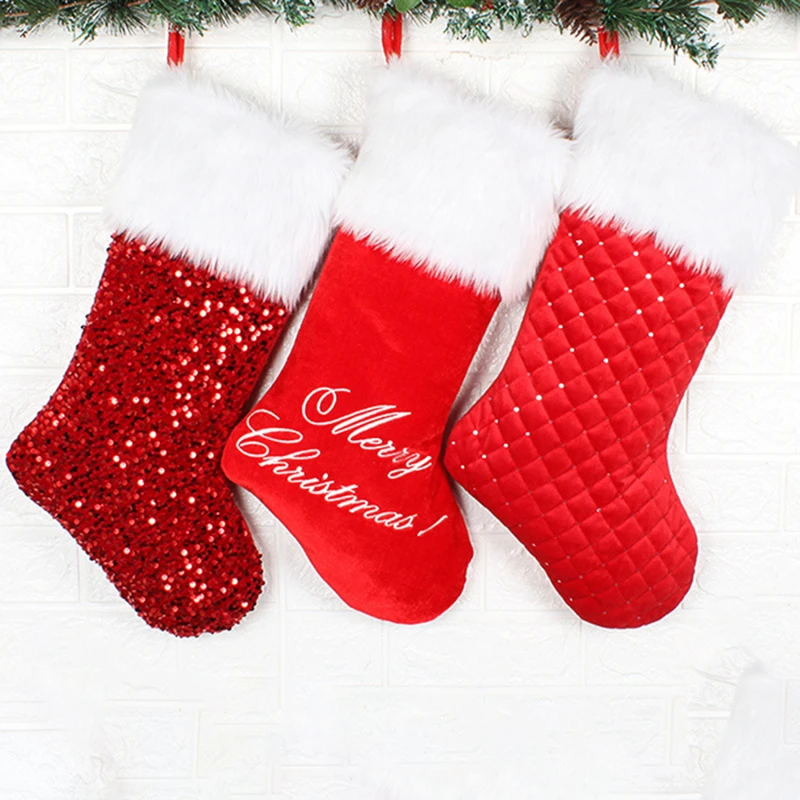 

Christmas Sequin Plush Xmas Socks Kids Gift Bag Ornament Merry New Year Decor For Home Xmas Ornaments Hanging Pendants 2023