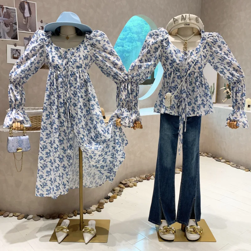 

Новинка, женская одежда 2022, Летнее Длинное платье с цветочным принтом, длинными рукавами-фонариками и разрезом, короткая рубашка, топ в сест...