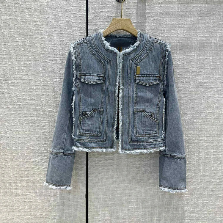 

Short Denim Jacket Old-fashioned Washed Raw Edge Design Sense Jean Jacket Top High-end Women Cotton Coat