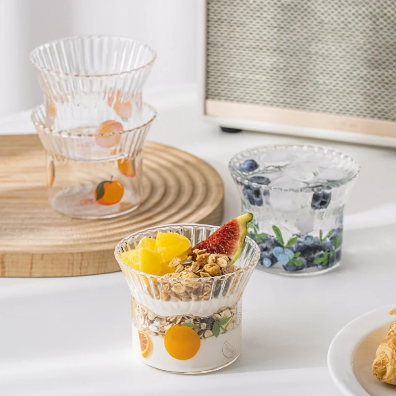 

250ml Cartoon Printed Glass Cup Kawaii Fruit Pattern Dessert Cups Transparent Ice Cream Milkshake Cup Home Bar Cocktail Glass