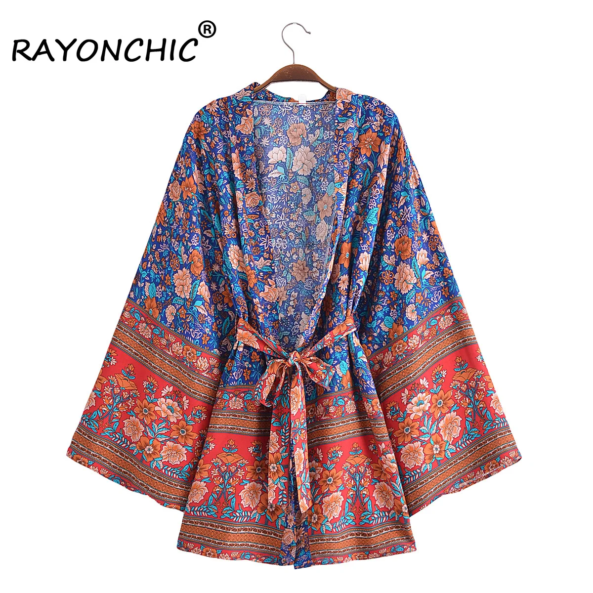 

RAYONCHIC Floral print Short Robe Beach Wear Bikini Cover Up Boho Kimono Vintage Hippie Long Sleeve Cardigan Blusas Women Robe