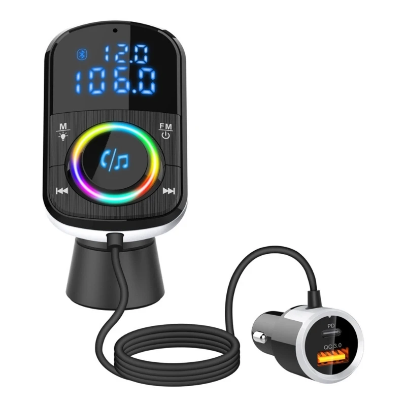 

Car Bluetooth-compatible 5.0 QC3.0 Charger FM Transmitter PD 18W Type-C Dual USB Ambient Light MP3 Music Player