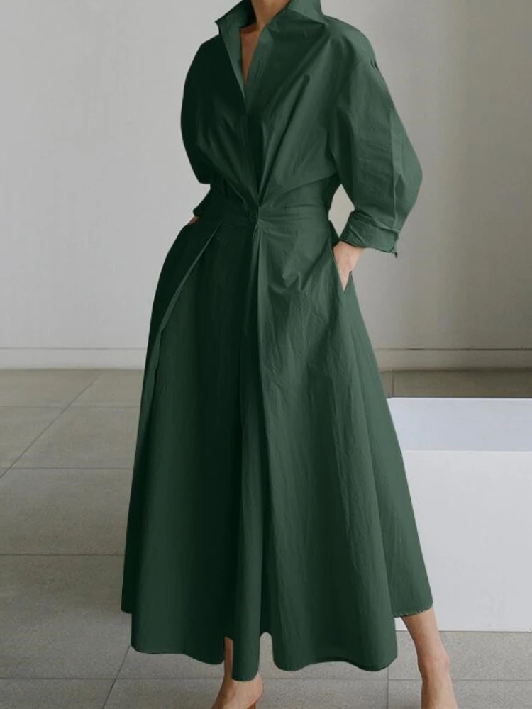 

Spring Autumn New 2023 Lapel Dress Korean Fashion Streetwear Women's Loose Solid Color Long Sleeved Long Sleeve Long Top Dress
