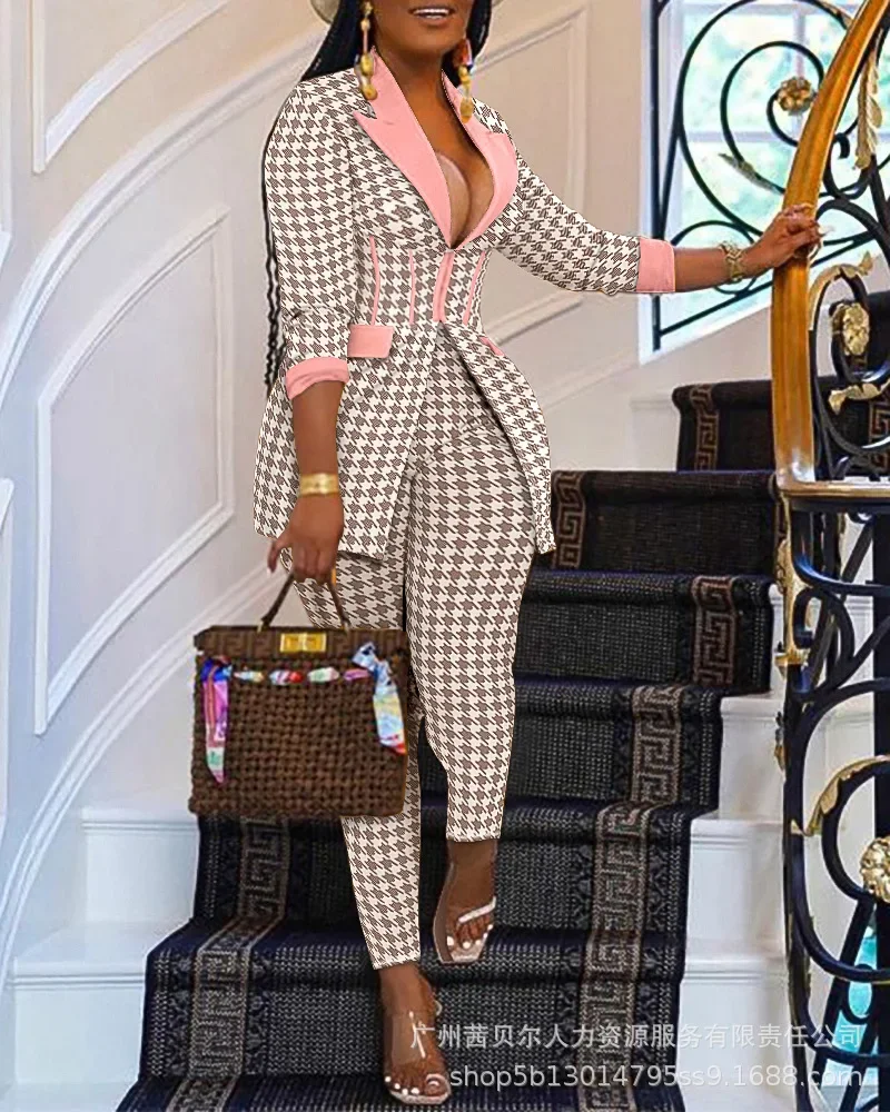 

2022Office Lady Outfits Women Turn Down Collar Houndstooth Print Long Sleeve Corset Blazer Coat &amp Pants Set Casual Two Pieces