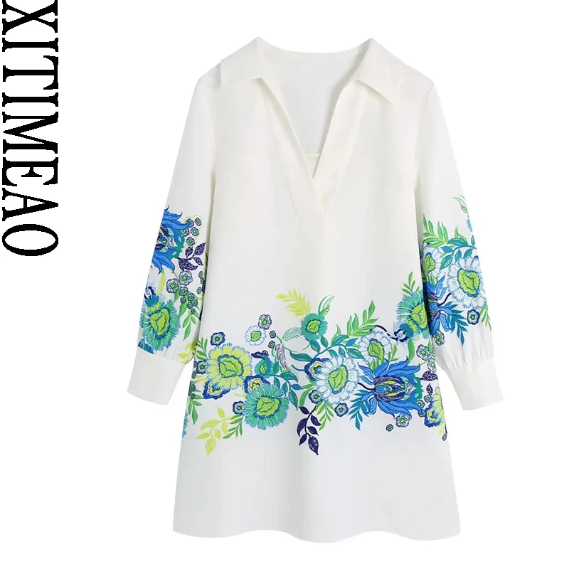 

Xitimeao Women Spring Autumn Fashion Floral Print Mini Dress Vintage Lantern Sleeve Back Pleated Female Dresses Vestidos Mujer