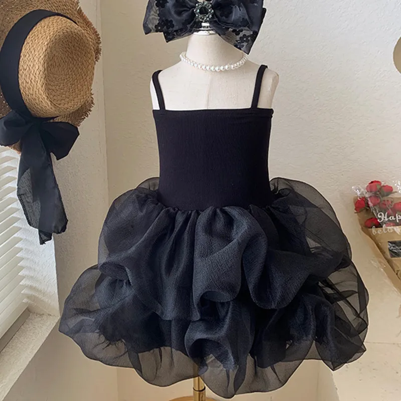 

Fashion New 2023 Summer Girls Princess Dress Kids Black Sleeveless Tulle Children Birthday Party Clothe Baby Costume