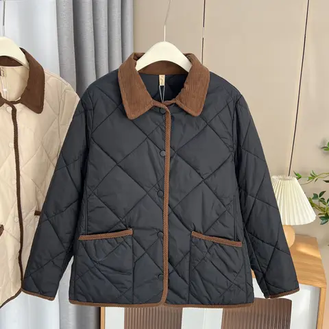 Женское Стеганое пальто на хлопковой подкладке, Повседневная теплая парка, простой контрастный цвет, лацкан, тонкая, больших размеров, осень и зима, 100 кг