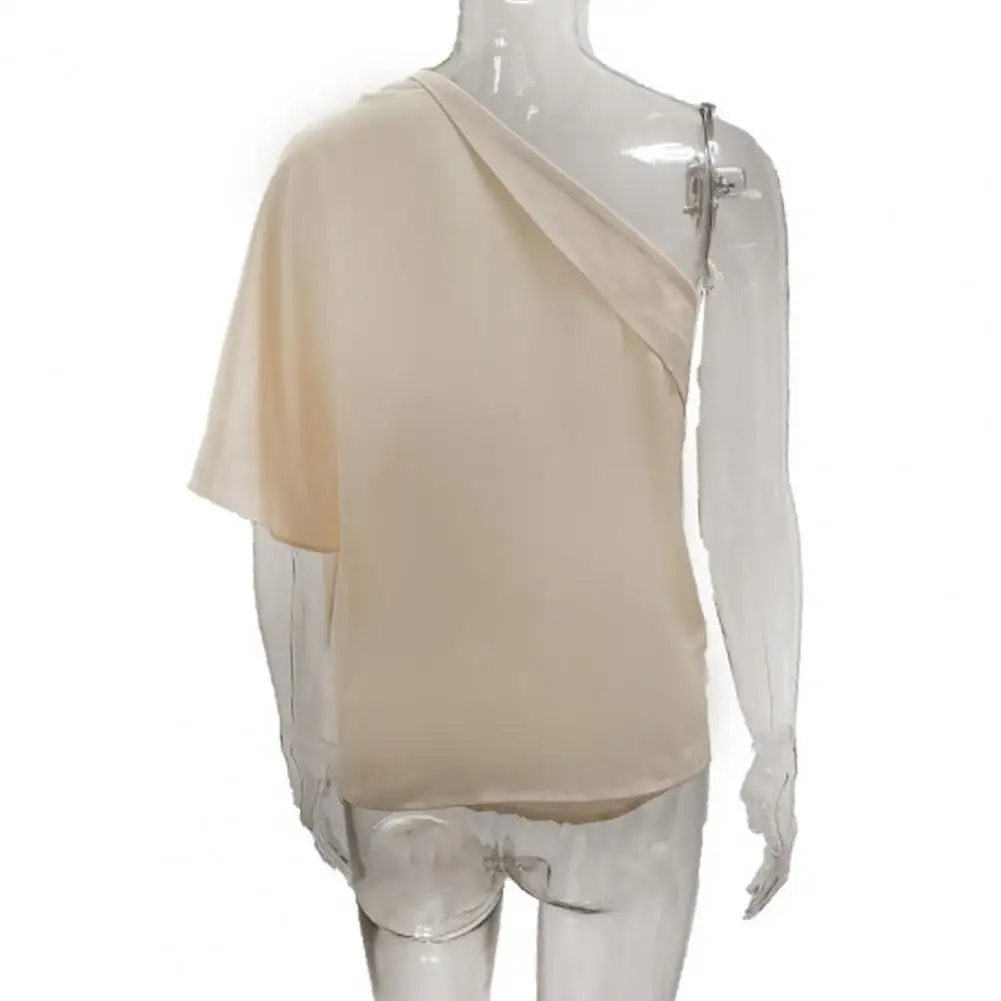 

Stylish Pure Color One Shoulder Lady Blouse Pullover Top Comfy Thin