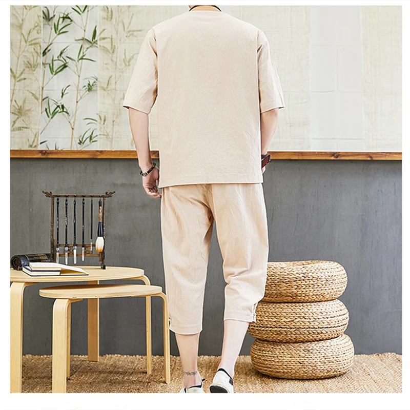 Мужской комплект из футболки с коротким рукавом и брюк хлопка льна - купить по