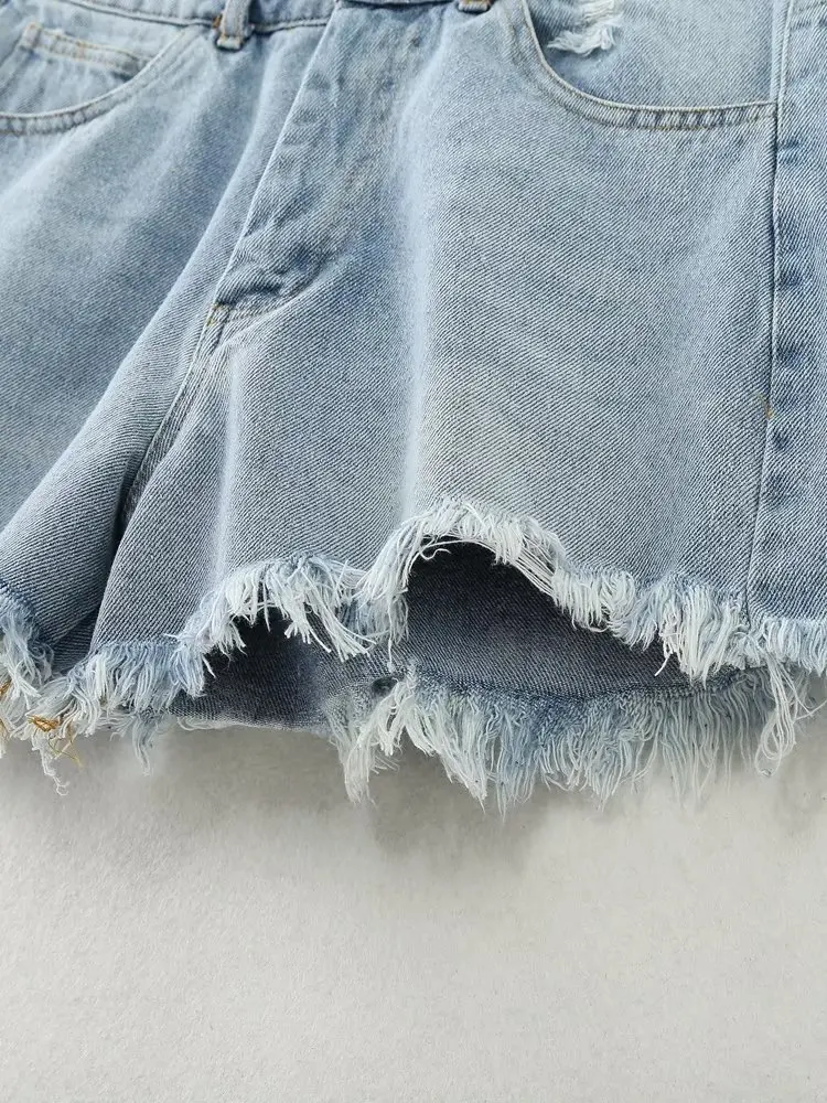 Dave&Di 2023 Summer Bermuda High Street Fashion Washed Vintage  Frayed Denim Shorts For Women