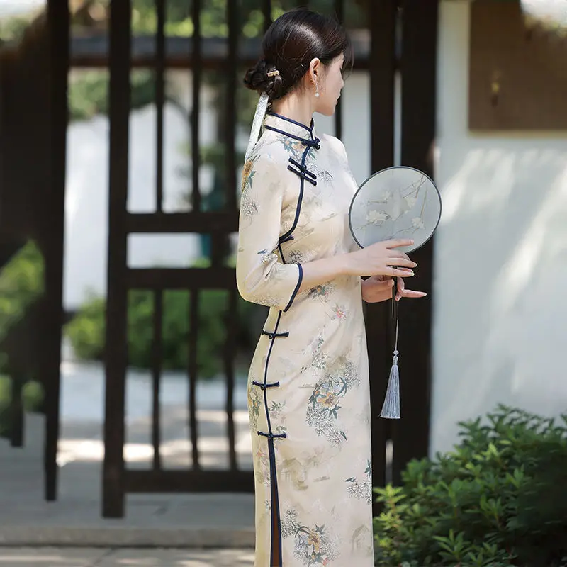 

Платье-Ципао женское облегающее, приталенное платье из оленьей кожи с бархатным принтом, с соединением, в традиционном китайском стиле, вес...