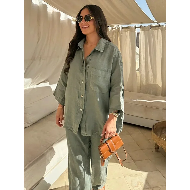 Elegant Green Pocket Buttons Shirt Sets For Women Solid Long Sleeve Tops Wide Leg Pant Suits 2024 New Female High Street Outfits