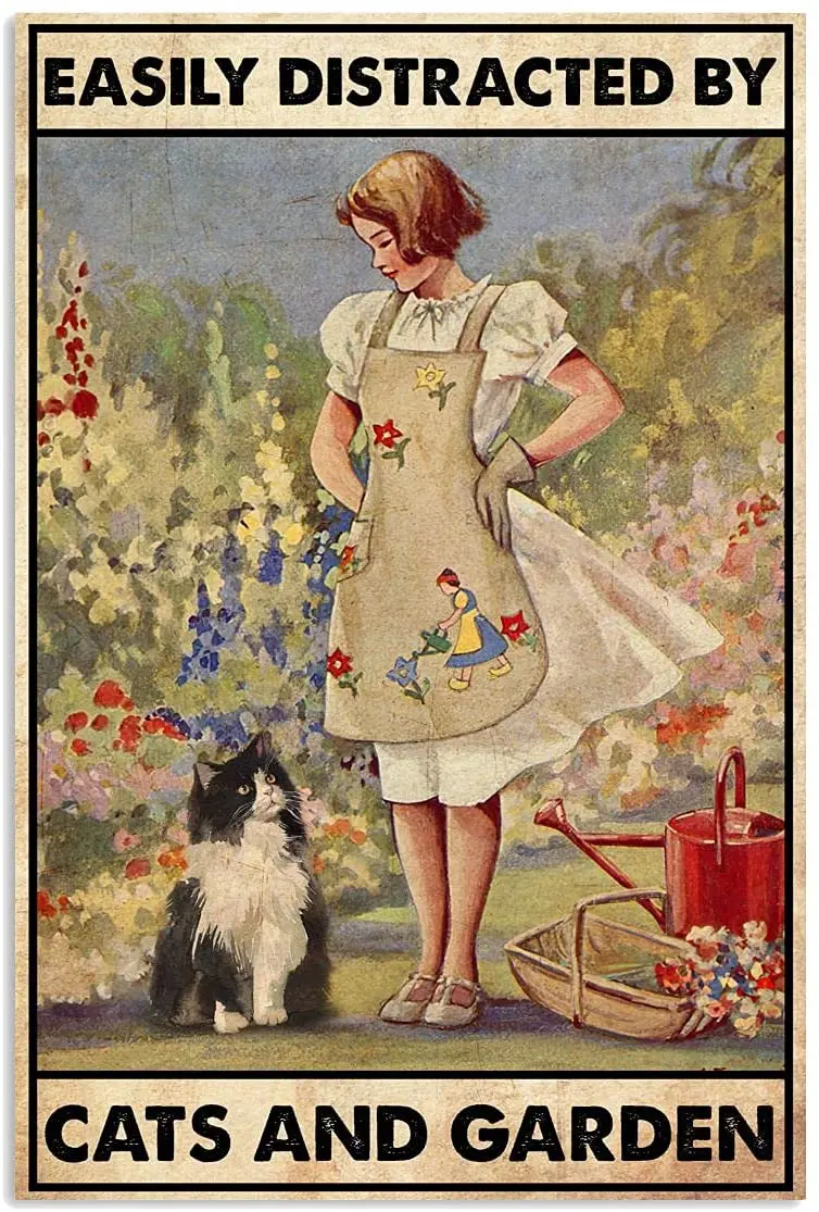 

Metal Tin Sign Plates Poster Vintage Retro Easily Distracted By Cats and Garden for Home Living Room Decoration