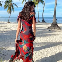 women sexy boho floral holiday long maxi dress summer evening party mesh sundress vacation spaghetti strap a line dresses robes