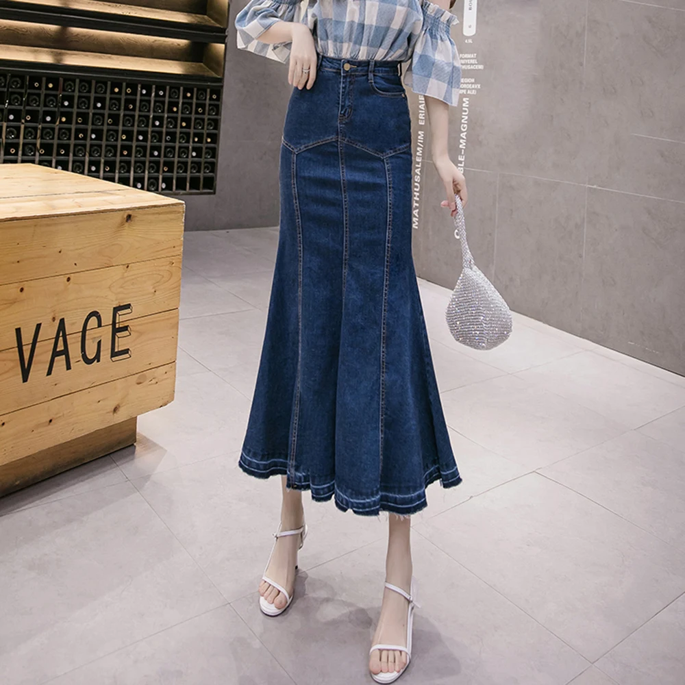 

Summer 2022 Denim Skirt Women Mermaid Trumpet Long Skirt Ruffles Mid-calf Empire High Waist Jeans With Stretchy юбка