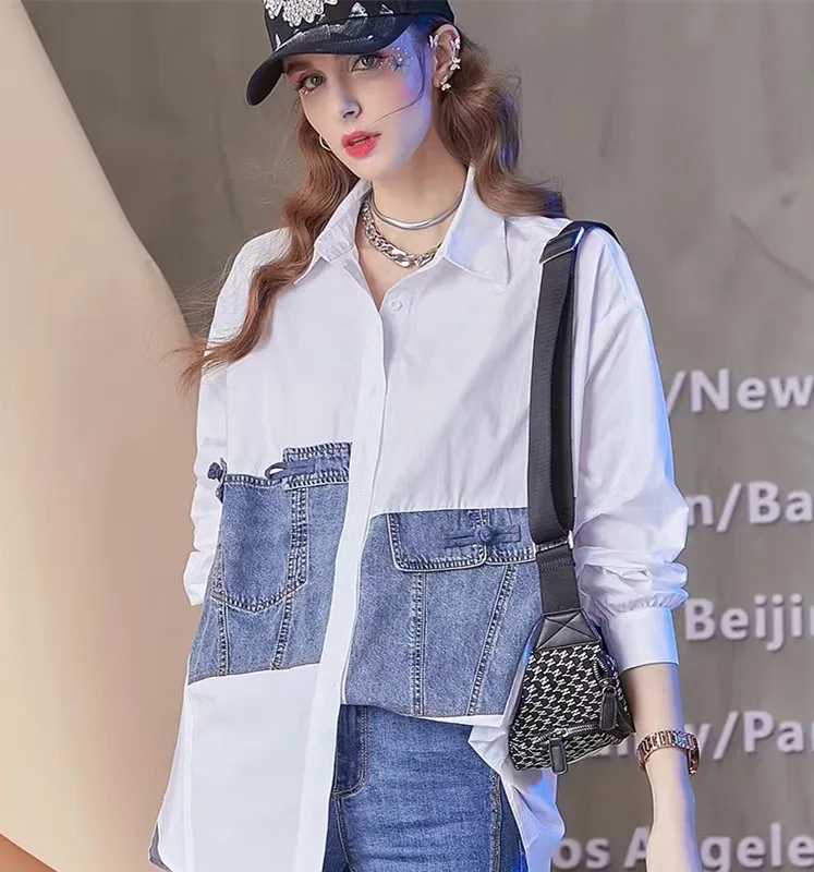 

SuperAen 2022 New Contrast Stitching Shirt Women's Middle and Long Loose Oversized New Design Shirt Tops