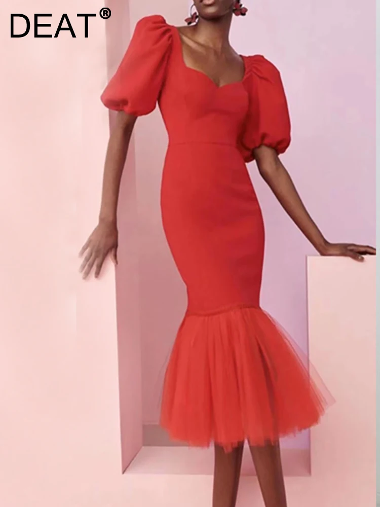 

Женское вечернее платье [DEAT], Красное Облегающее Сетчатое платье с квадратным вырезом и коротким рукавом, в стиле пэчворк, 13DB1646, лето 2023