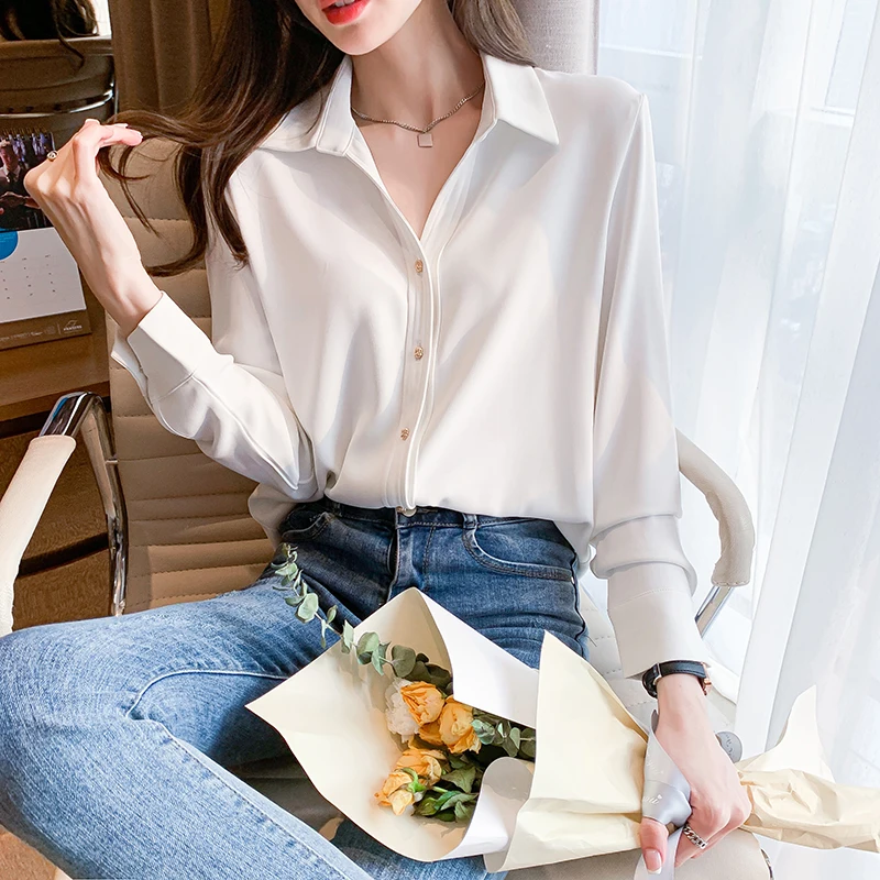 

Chiffon Women's Blouse Casual Polo Girl's White Shirt Spring Autumn Long Sleeve Top Fashion Clothing Solid Lady Blusas