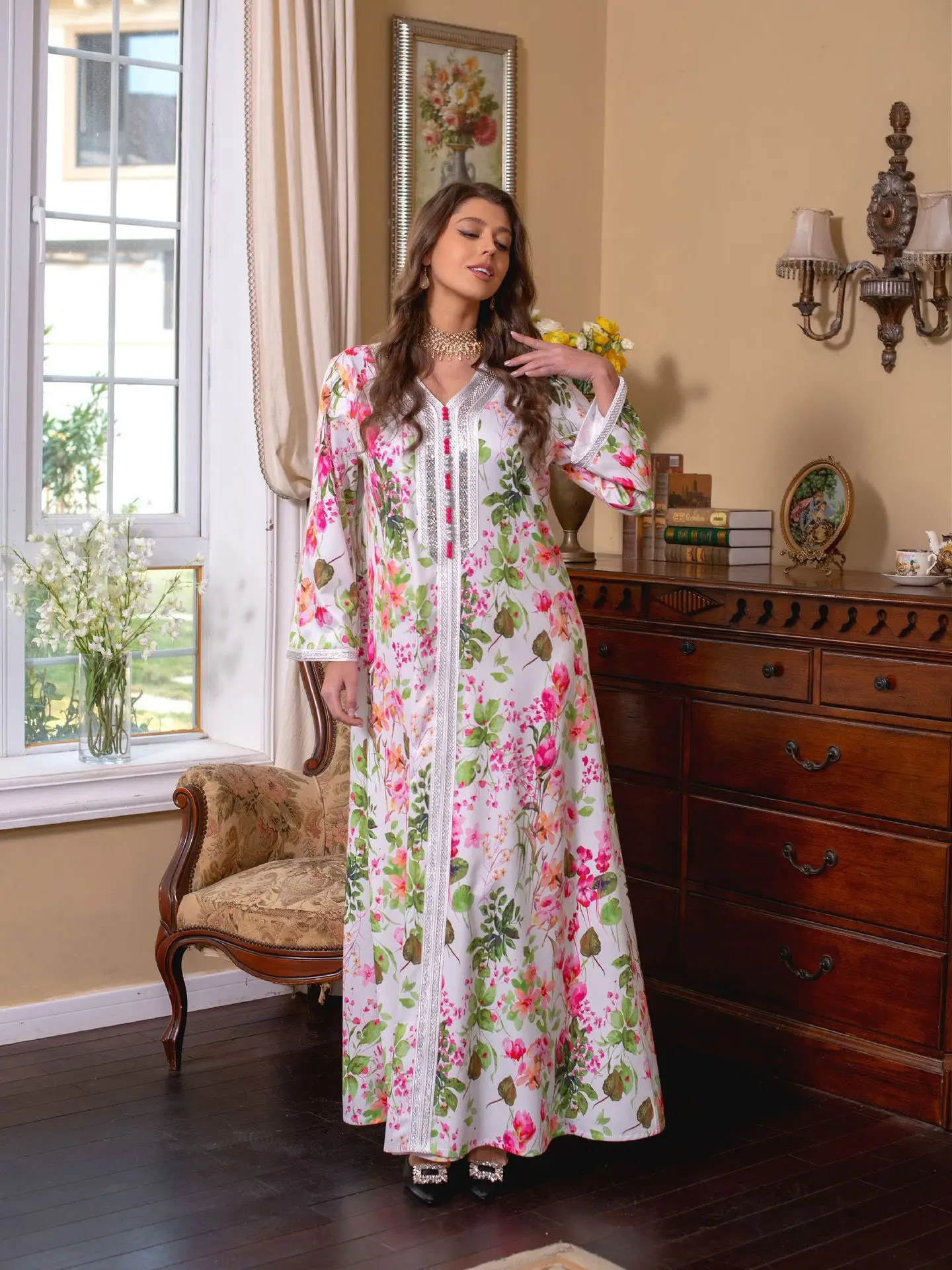 Dubai Muslim Fashion Gown Print Hot Diamond Dress Middle East Abaya Islamic Clothing Hijab V-neck Women Ropa Musulmana Mujer