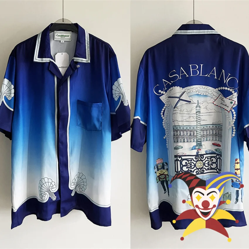 

2023ss Casablanca Art Printed Silk At The Station Square Shirt Men Women Blue Hawaii Beach Shirts