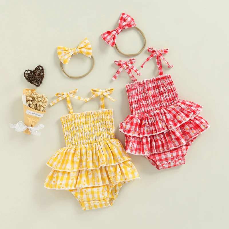 

Infant Baby Girls Romper Tie-Up Shoulder Straps Sling Plaid Floral Print Bodysuit Clothes with Headband