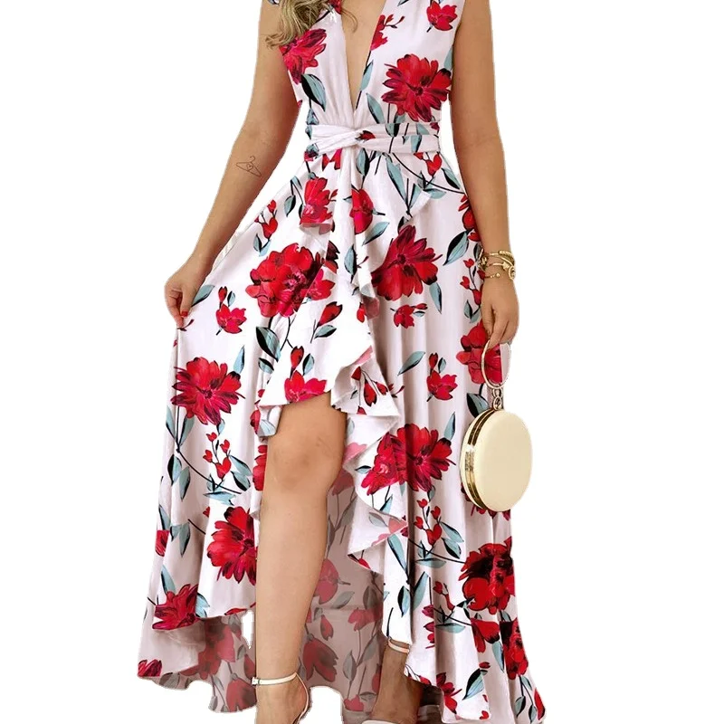 

2023 spring high waist Korean version of the long skirt printed temperament commuting sleeveless suspender type dress