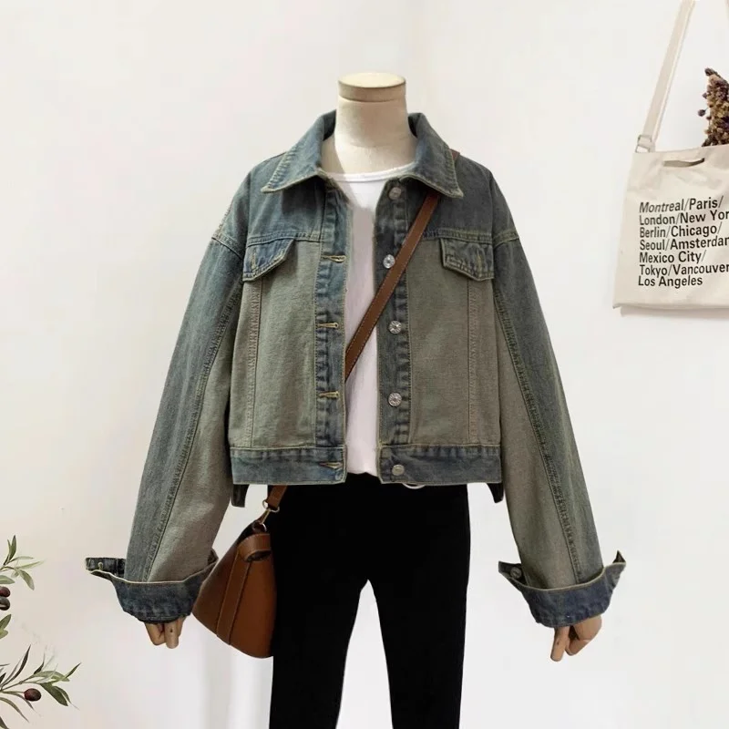 

Женская джинсовая куртка с длинным рукавом, короткая джинсовая куртка контрастных цветов с отложным воротником в Корейском стиле, весна-осень 2023