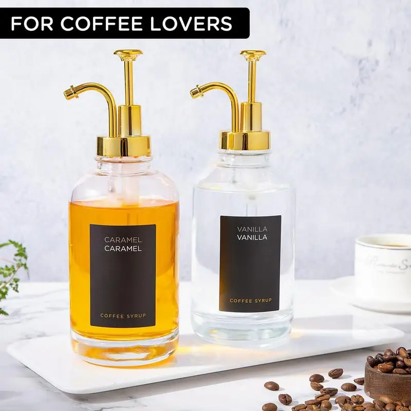 

2pcs 500ml Clear Coffee Syrup Dispenser Coffee Bar Syrup Pump With 2 Pumps Funnel 9 Minimalist Labels For Dish Soap Mouthwash