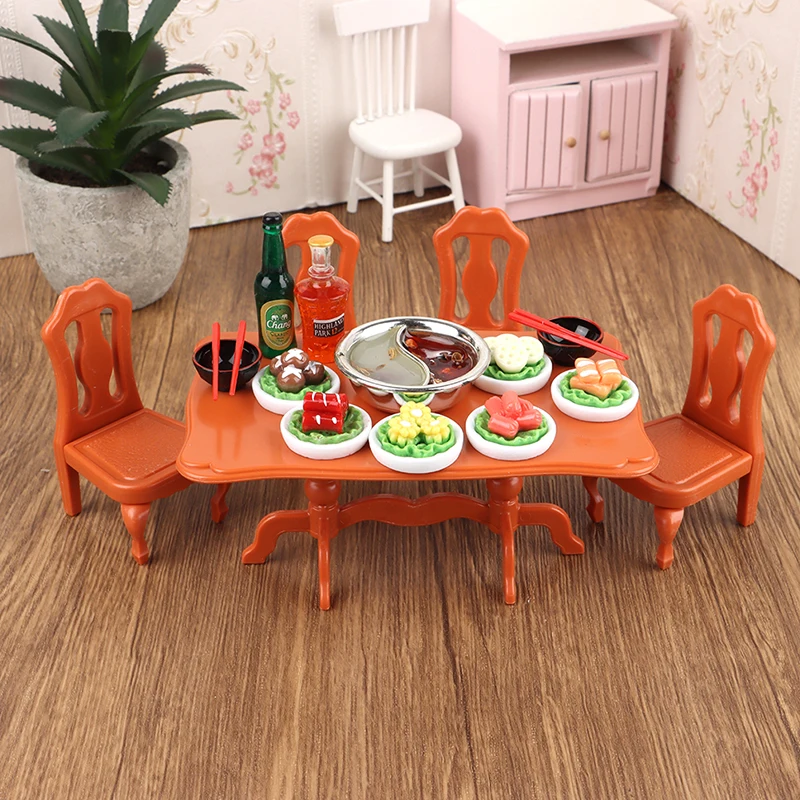 

1Set 1:12 Dollhouse Miniature Mandarin Duck Hot Pot Table Chairs Food Drink Bottle Chopstick Scene Decor Kids Pretend Play Toys