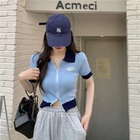 2022 new summer contrast color polo collar short sleeve double zipper knitted sweater short top one size