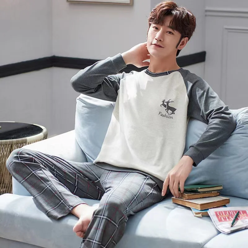 Spring/Autumn Pajamas Set Men Long-sleeved Trousers 100%Cotton  2 Piece Set Sleepwear Loose Home Clothes Homewear Nightwear