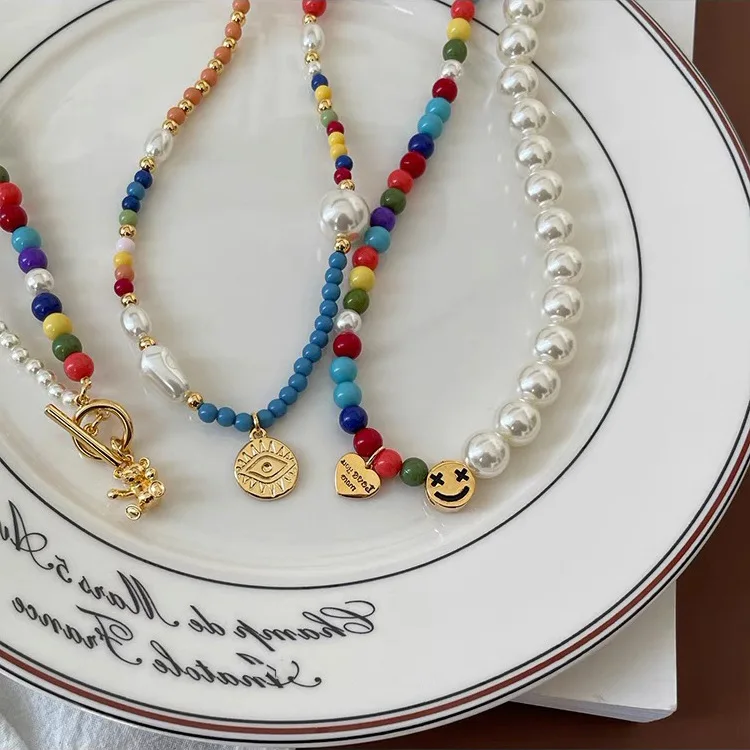 

2022 Cute Pearls Rainbow Beaded Smiley Face Necklace For Women Girl Clavicle Chain Choker Fashion Jewelry Gift Party Necklace