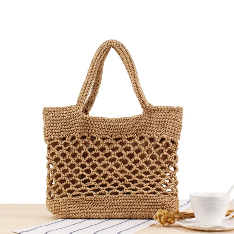 

Dropshipping solid color cotton hand hook woven tote bags beach straw handbag for women designer handbag