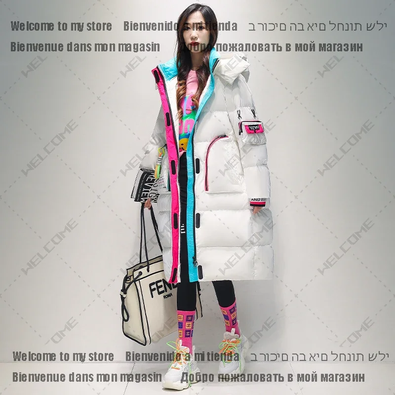 Женский длинный пуховик с капюшоном черная свободная парка на белом утином пуху