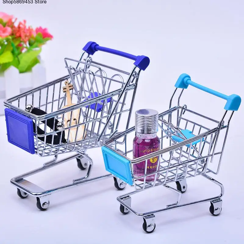 

baby pretend toy Supermarket Hand Trolley Mini Shopping Cart Desktop Decoration Storage Toy Gift Dollhouse Furniture Accessories