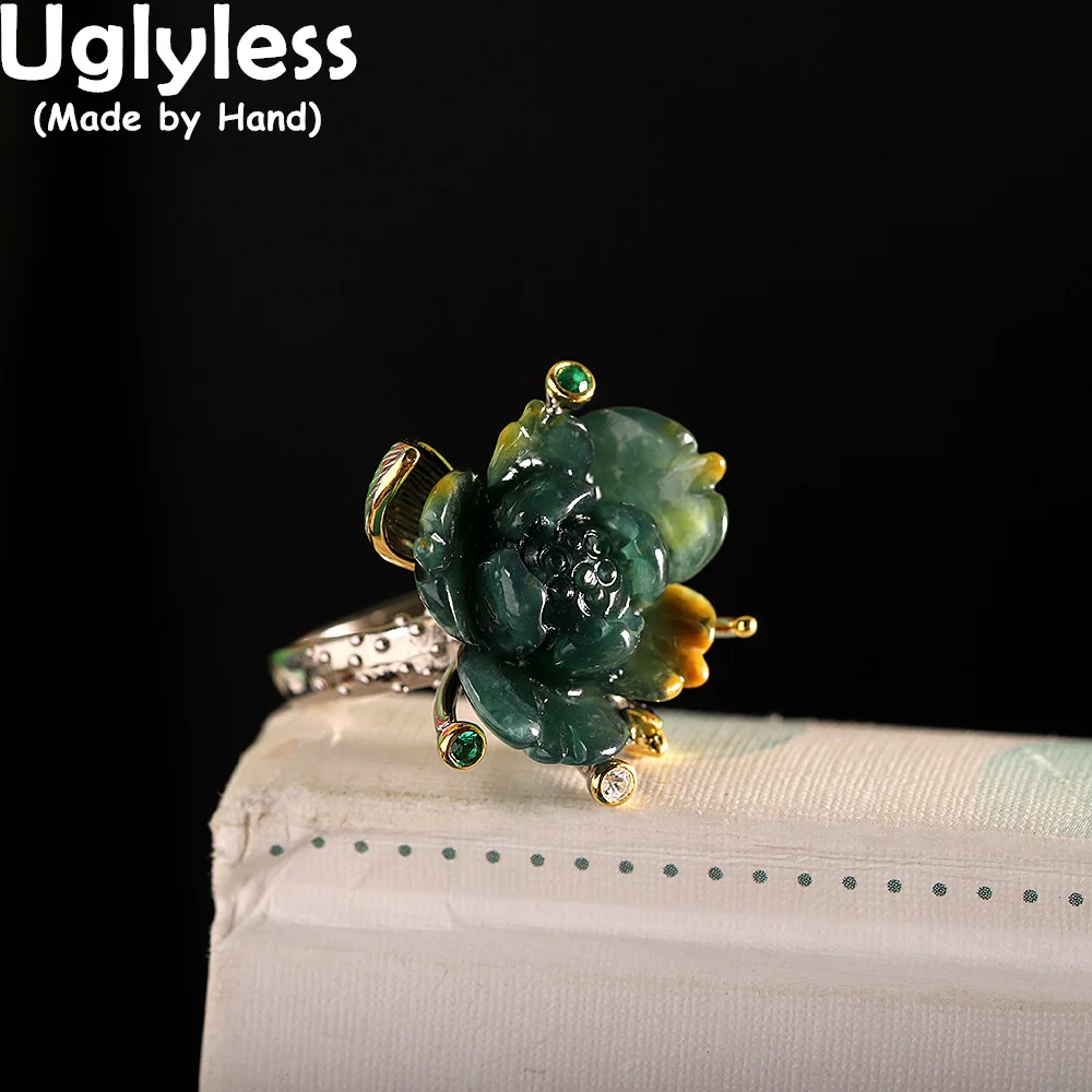 

Uglyless Rare Natural Green Jadeite Rings for Women Blooming Lotus Flower Rings Luxury Big Gemstones Jewelry 925 Silver Lotus