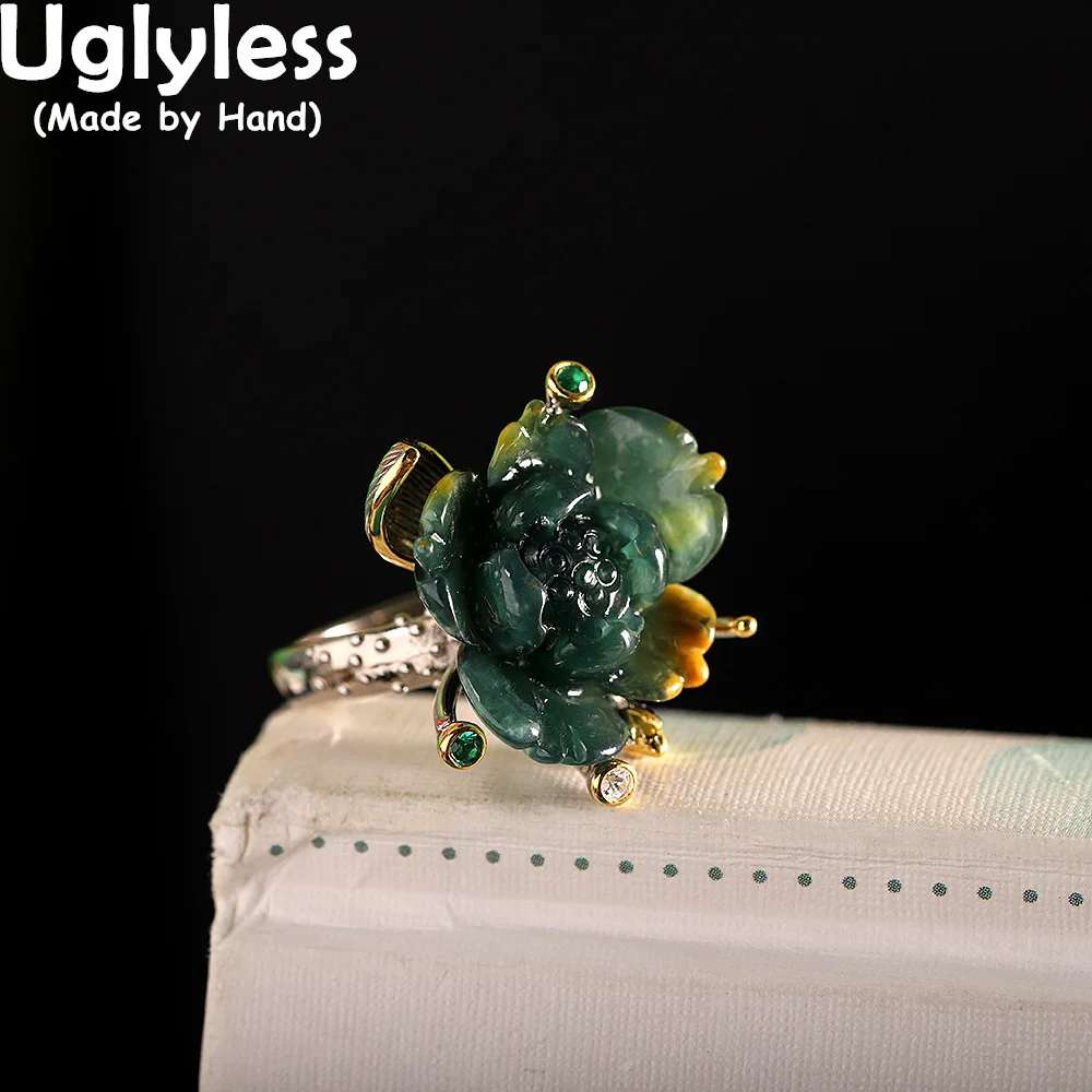 

Кольца Uglyless, редкая Натуральная Зеленая, с Жадеитом для женщин, цветущая планка, роскошные большие драгоценные камни, ювелирные изделия, сер...
