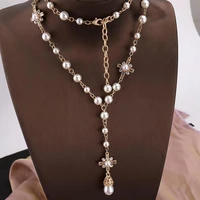 long pearl pendant necklace for women korean fashion luxury brand design rhinestone metal decorative jewelry wholesale
