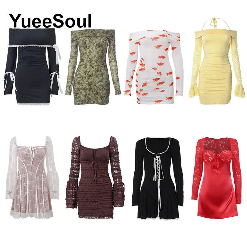 

Long Sleeve Bodycon Mini Dress 2024 Spring New Elegant Sweet Casual Sexy Women's Dress Y2K Party Wedding Evening Dresses