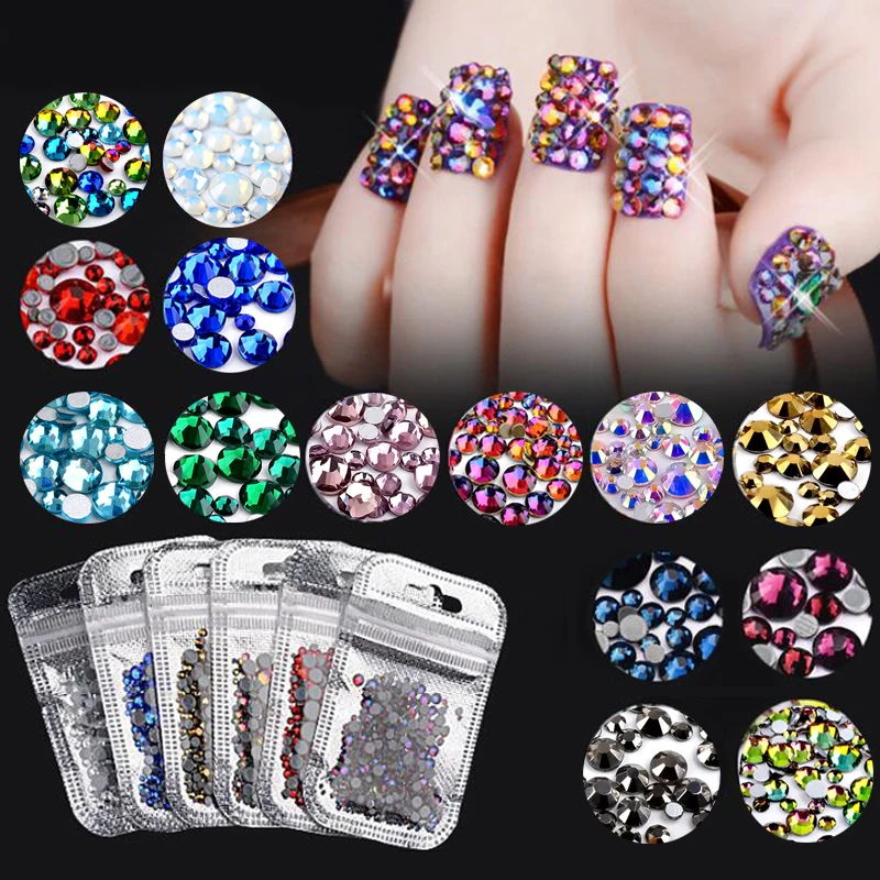 

1 Pack Colorful Crystal AB Mix Nail Rhinestone Multi-size Flat Back Glass 3D Nail Gems Accessories Manicure Nail Art Decorations