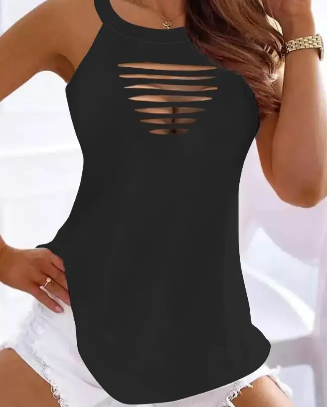 

Sexy Top Women 2023 Summer Fashion Ladder Cutout V-Neck Casual Plain Sleeveless Daily Vacation Tank Top Y2K Clothes Commuter