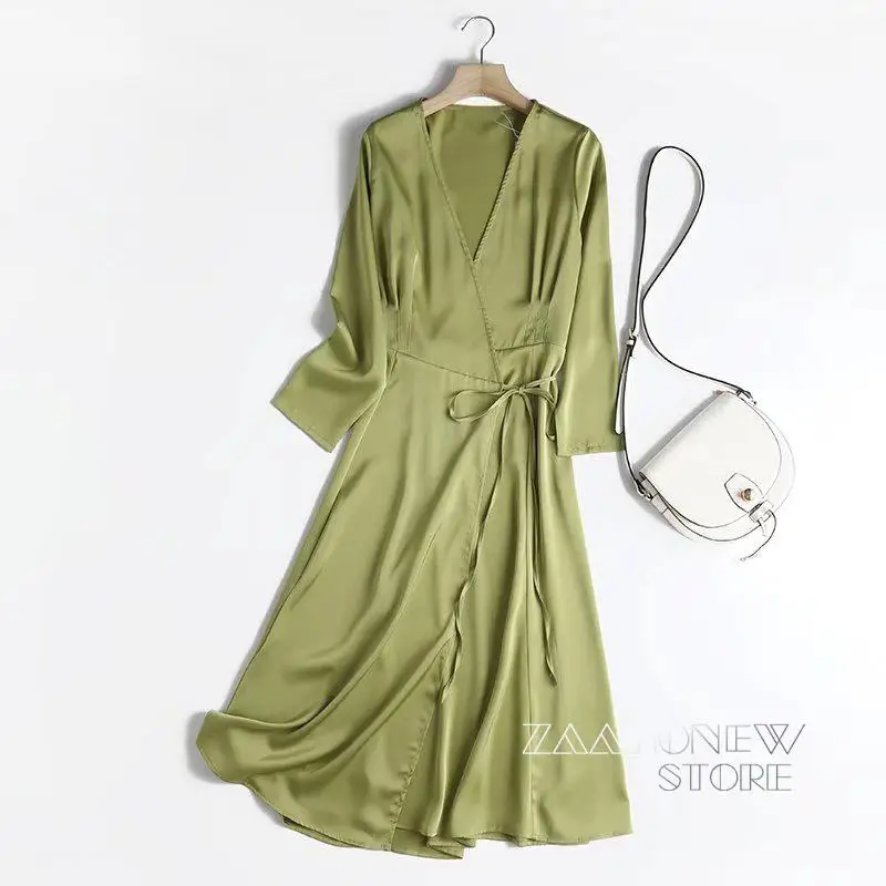 

ZAAHONEW 2022 Spring Women High Quality Green Cross Bow Satin Dress Ladies Vintage Long Sleeve Office Midi Dresses