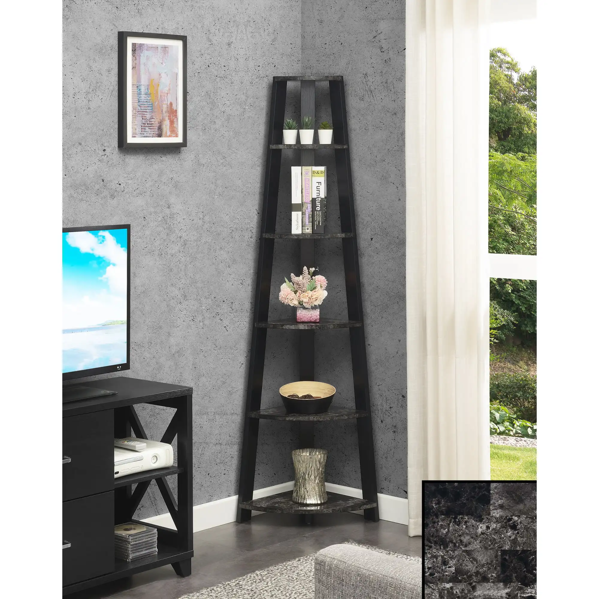 

Convenience Concepts Newport 5 Tier Corner Bookshelf, Black Faux Marble/Black