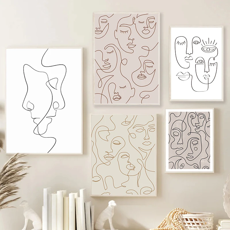 

Abstract Woman Face One Line Drawing Prints Leaf Plants Poster Minimalist Nordic Poster Canvas Painting Wall Art Picture Decor