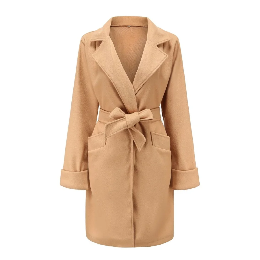 

Зимнее пальто Mandylandy, женское Новое модное шерстяное пальто с широкими лацканами и поясом, длинное пальто-Тренч большого размера, верхняя од...